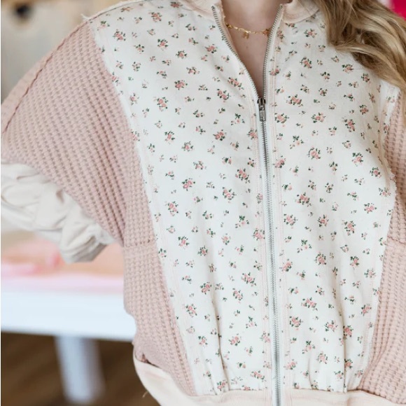 Very J Jackets & Blazers - Very J Floral Zip Bomber Jacket - Pink/Cream